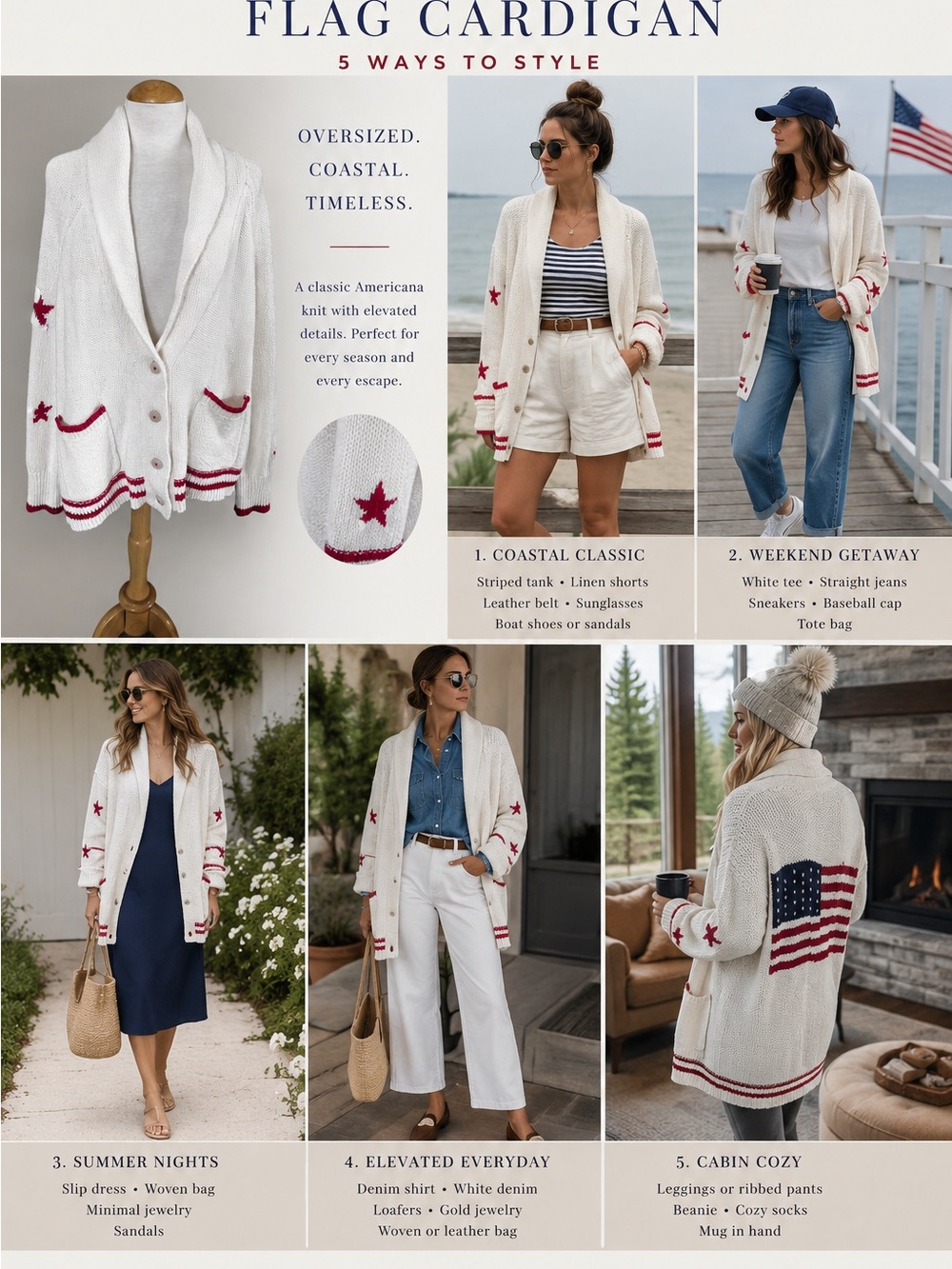 Maeve American Flag & Stars Cardigan - Cream with Red & Navy